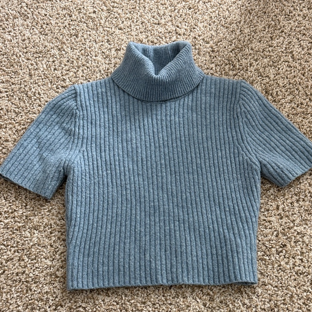Zara Light Blue Ribbed Short-Sleeve Turtleneck Sweater